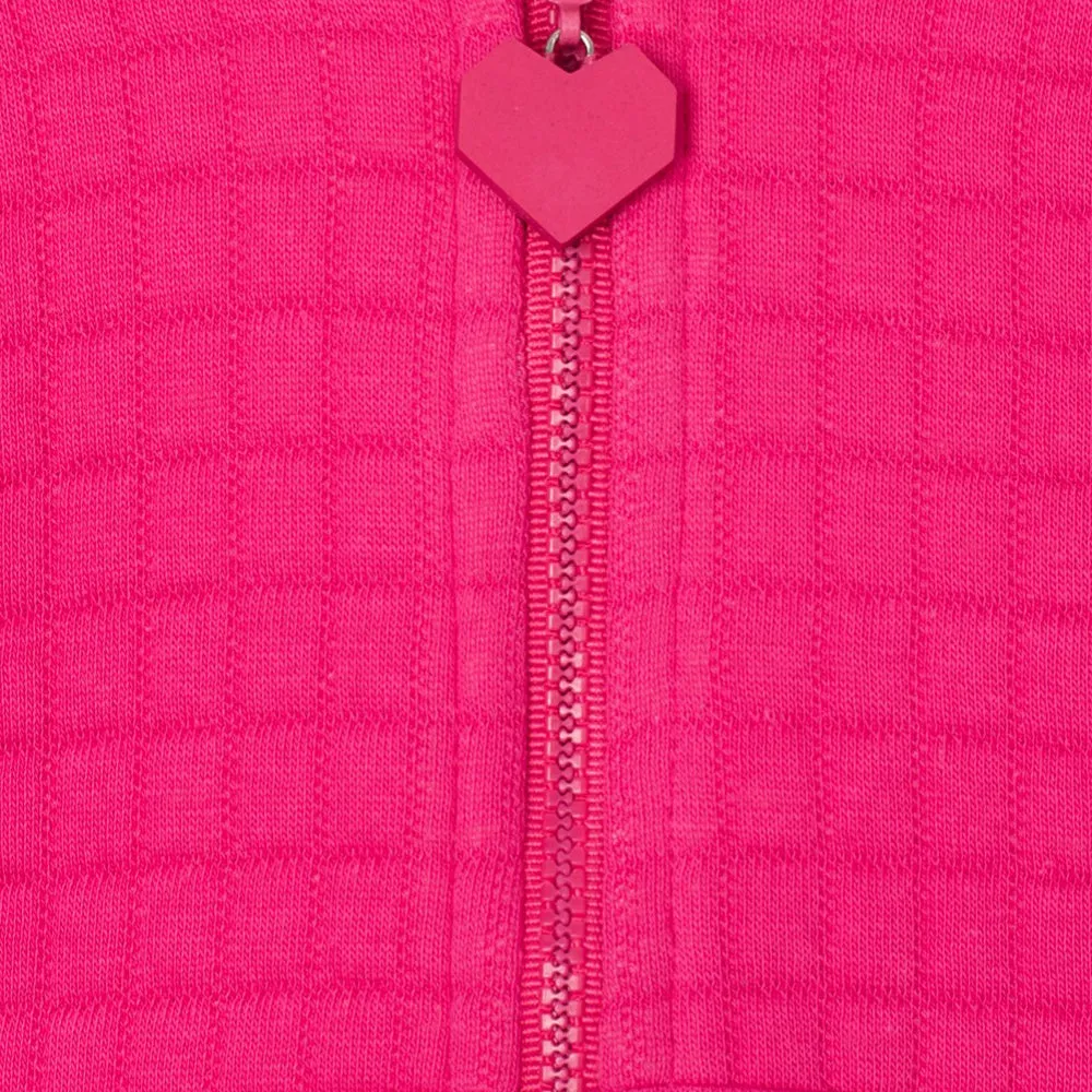 51015 Heart Badge Quilted Shocking Pink Zipper Hoodie 8452