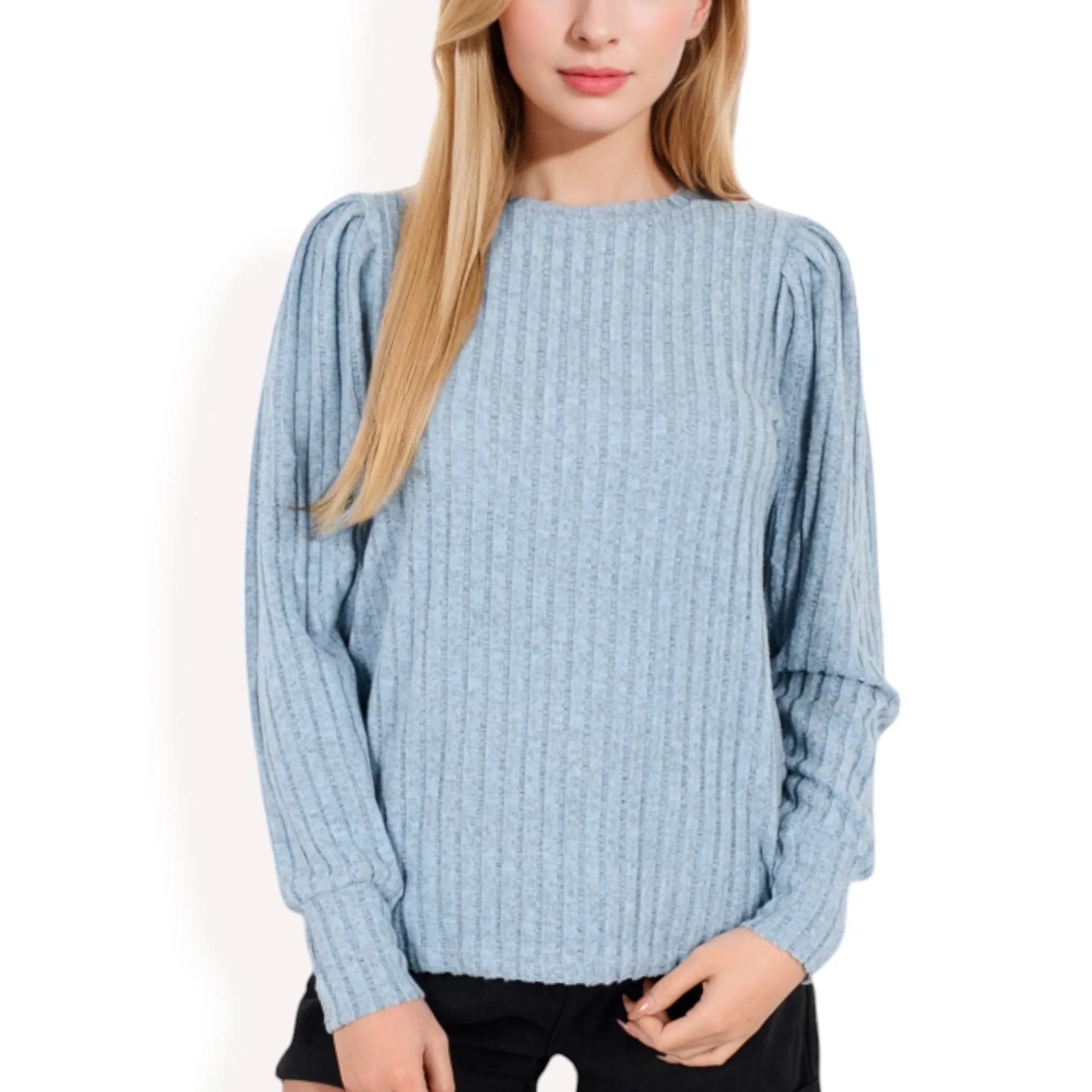 Anna-Kaci Women's Long Sleeve Ribbed Knit Sweater with Gathered Shoulders