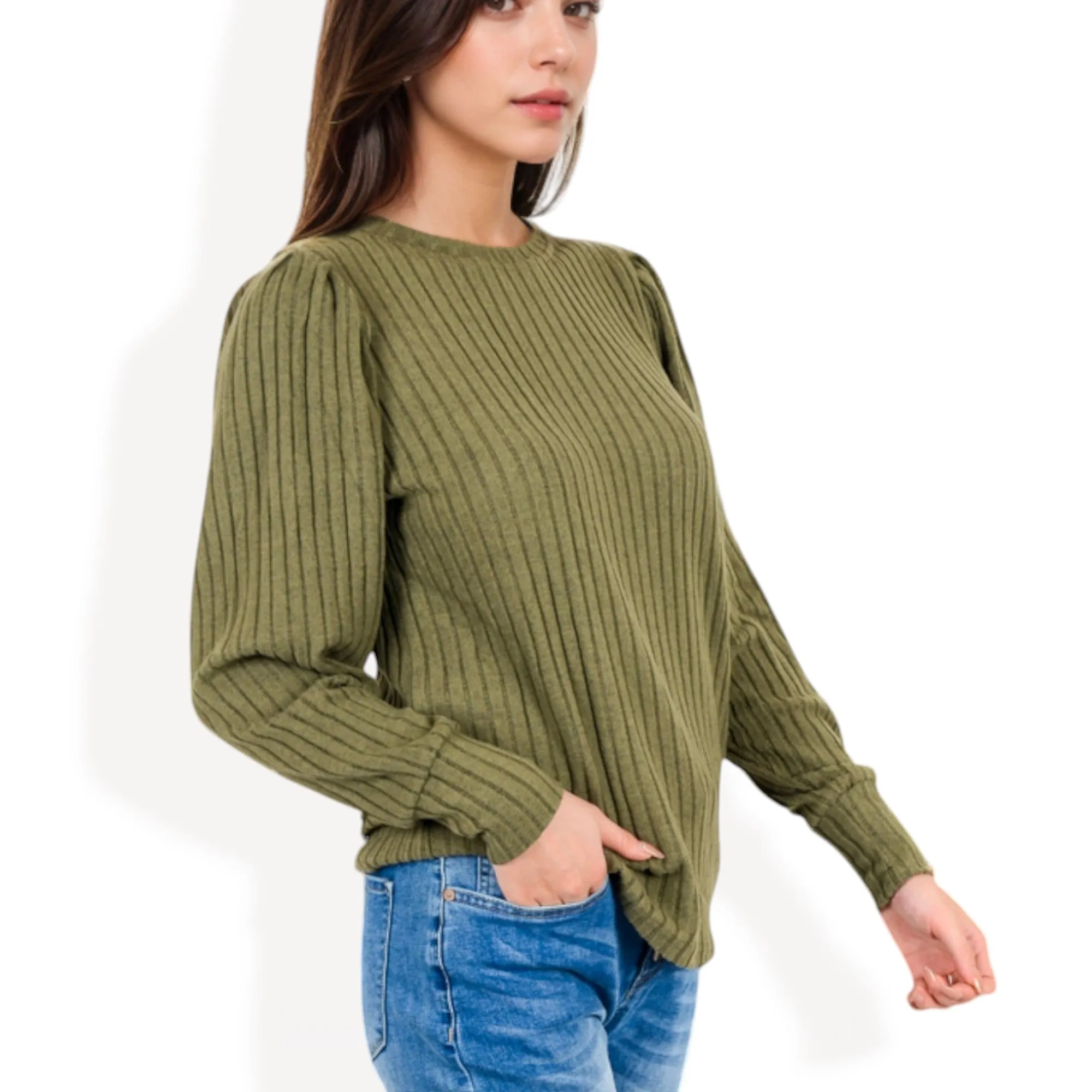 Anna-Kaci Women's Long Sleeve Ribbed Knit Sweater with Gathered Shoulders