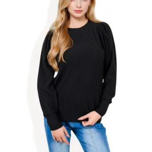 Anna-Kaci Women's Long Sleeve Ribbed Knit Sweater with Gathered Shoulders