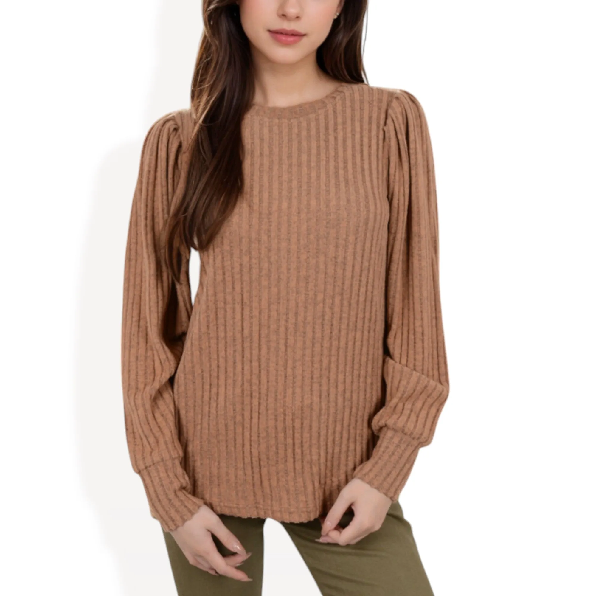 Anna-Kaci Women's Long Sleeve Ribbed Knit Sweater with Gathered Shoulders