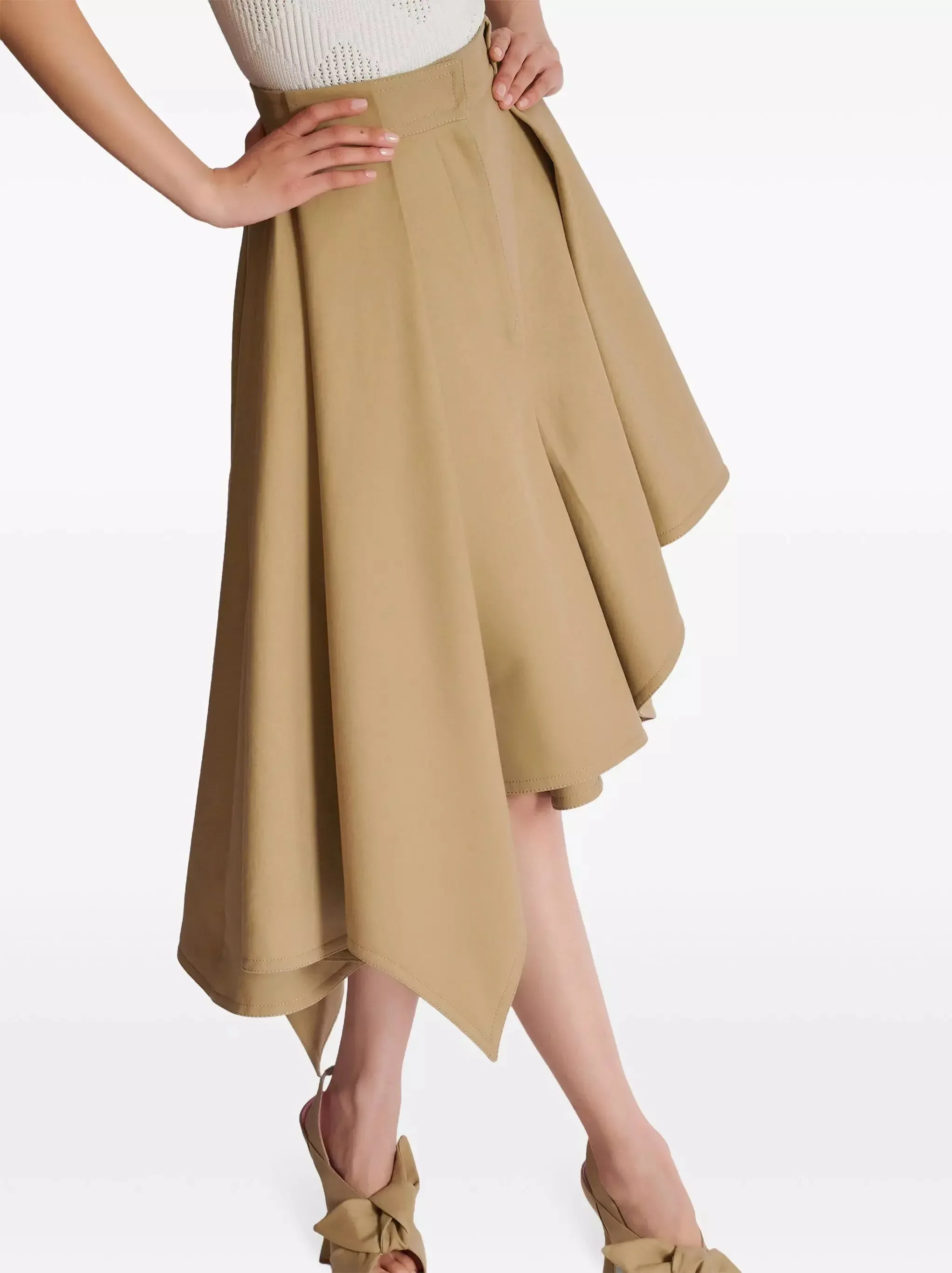 Asymmetrical Pleated Flared Skirt in Beige