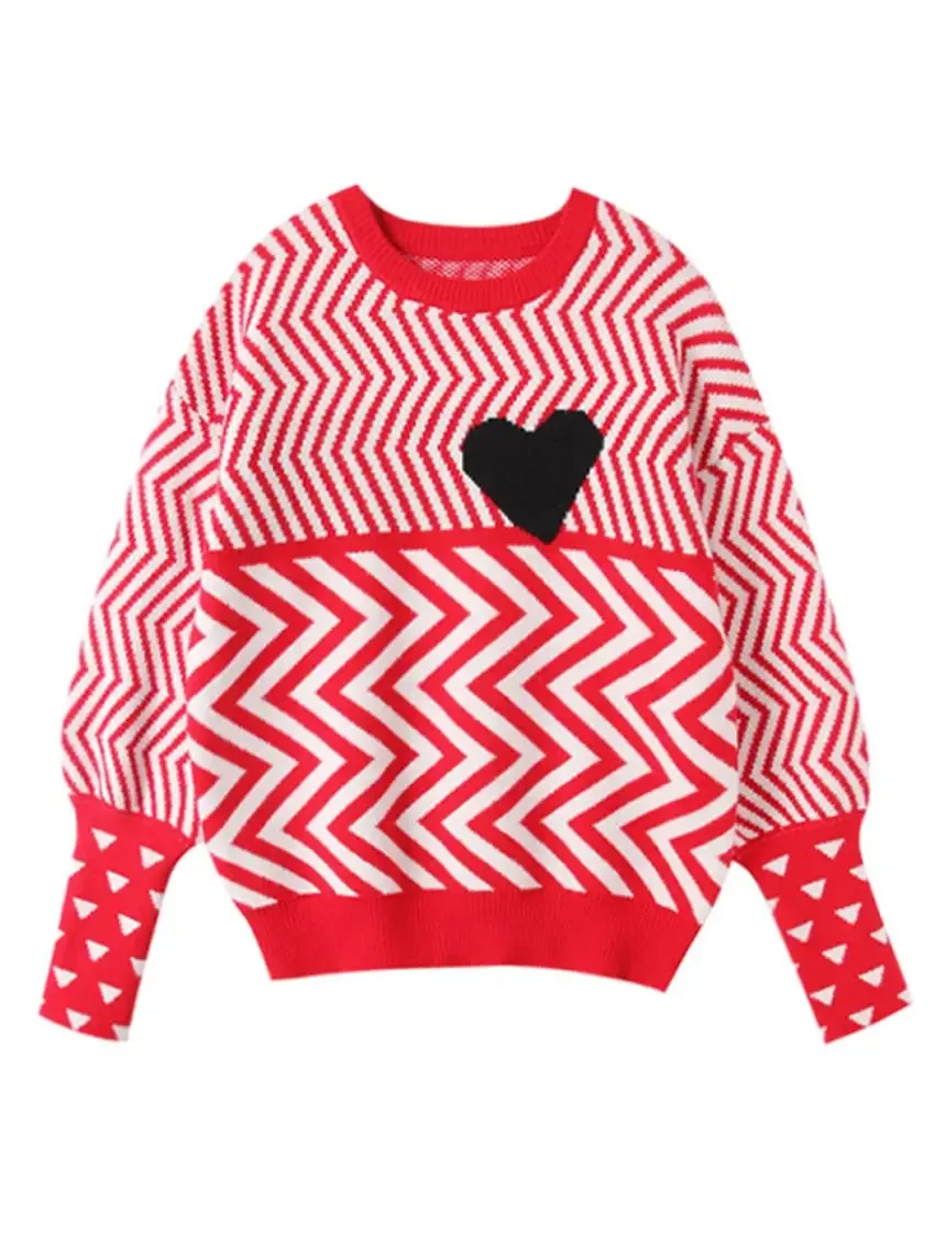 Autumn Winter Women Sweaters Geometric Heart Pattern Long Sleeve Tops Lovely Pullovers Knitted Loose Jumper C-005