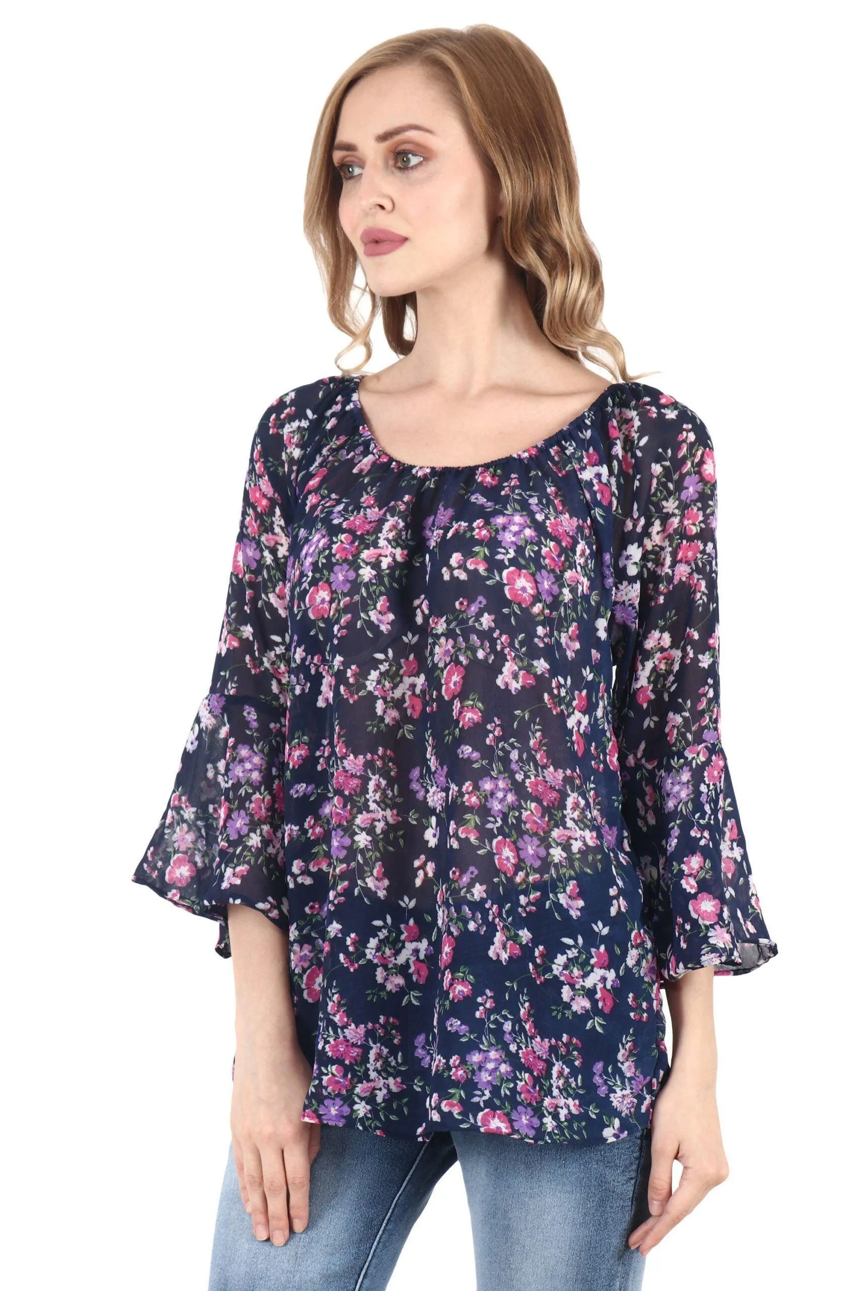 Blue Floral Printed Off Shoulder Top