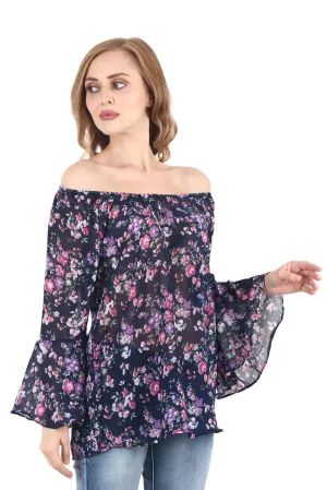 Blue Floral Printed Off Shoulder Top