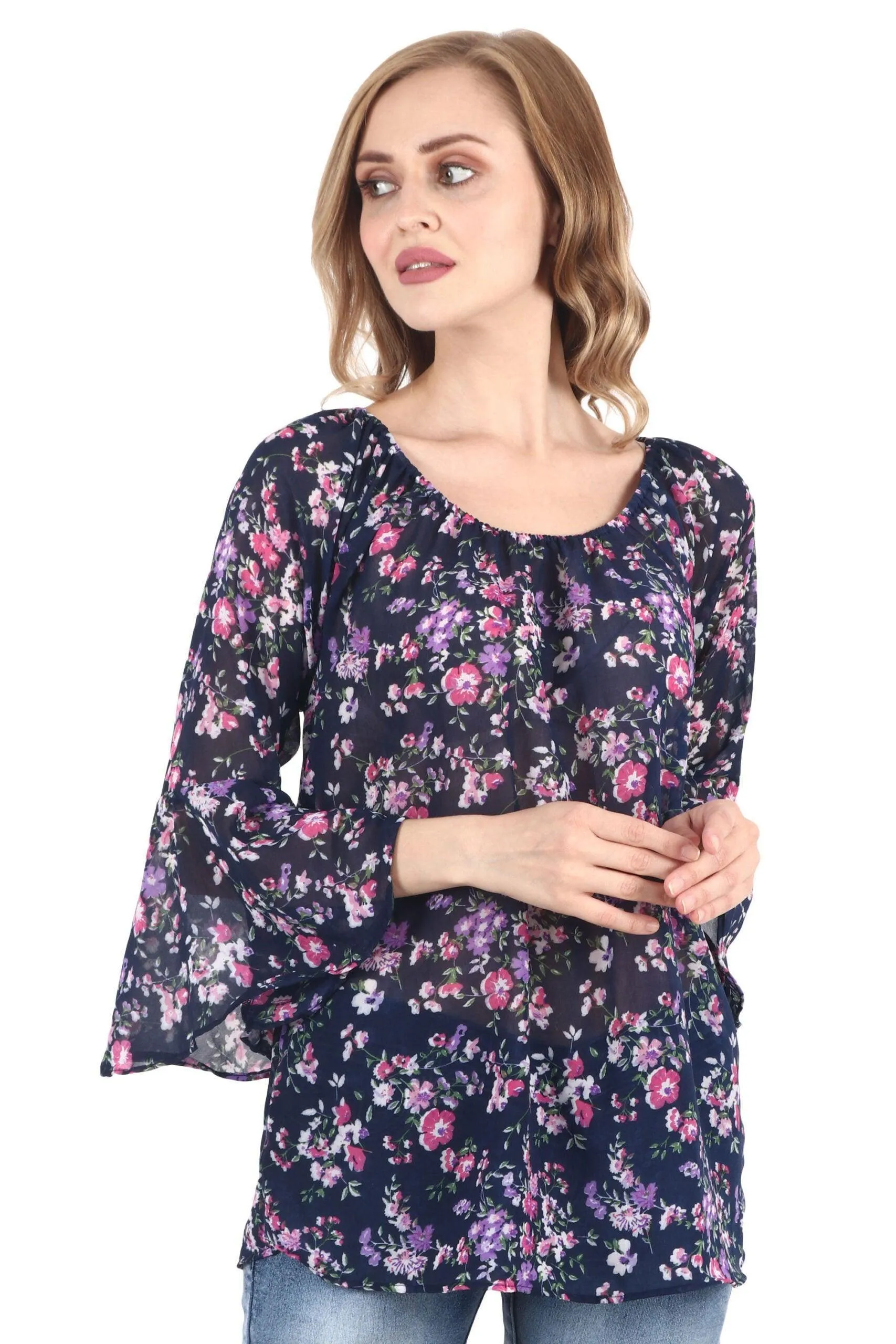 Blue Floral Printed Off Shoulder Top