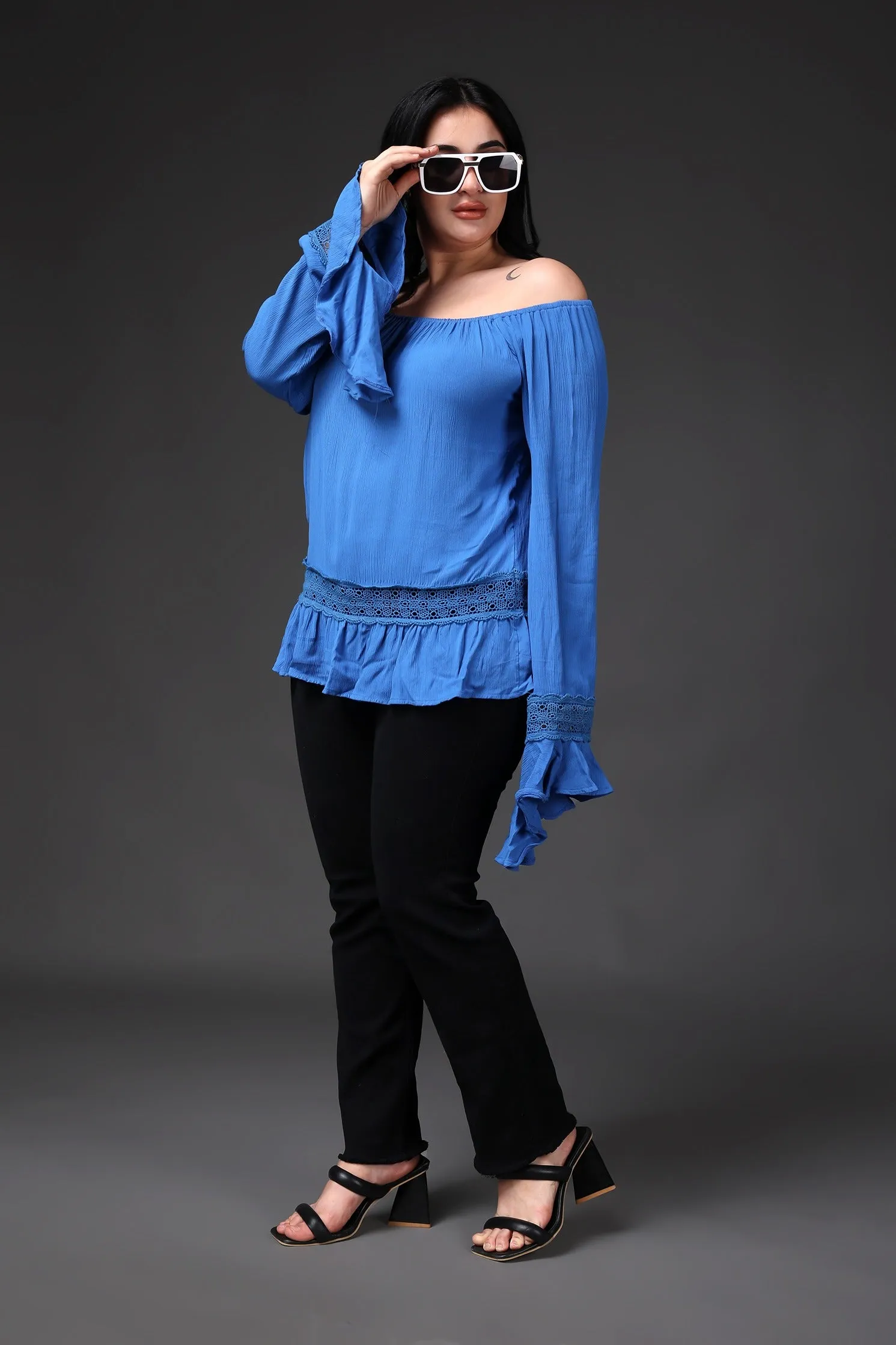 Blue Solid Top with Stylish Sleeves