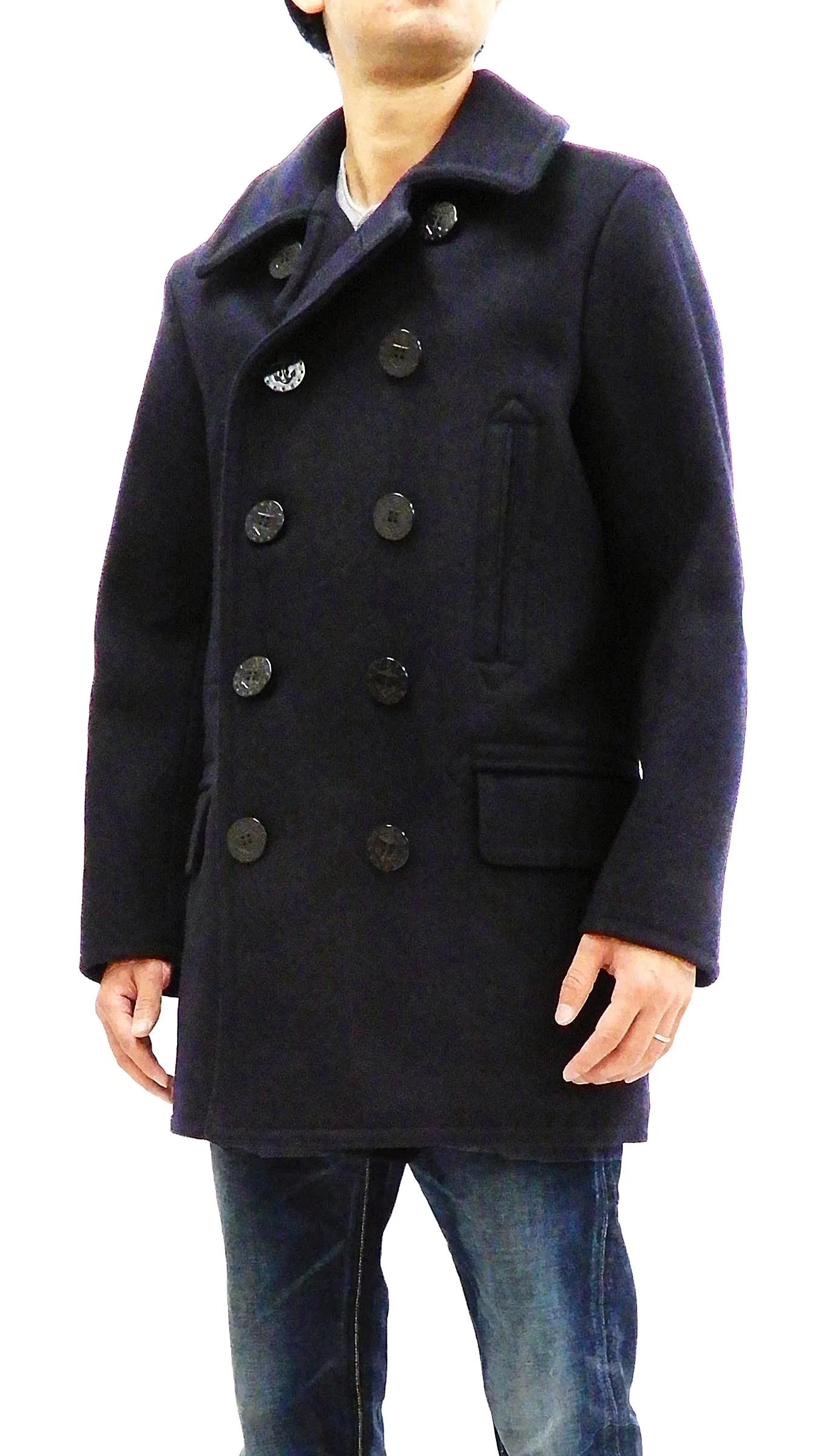 Buzz Rickson Pea Coat Men's U.S. Navy Wool Above-knee length Peacoat BR14146 Navy-Blue