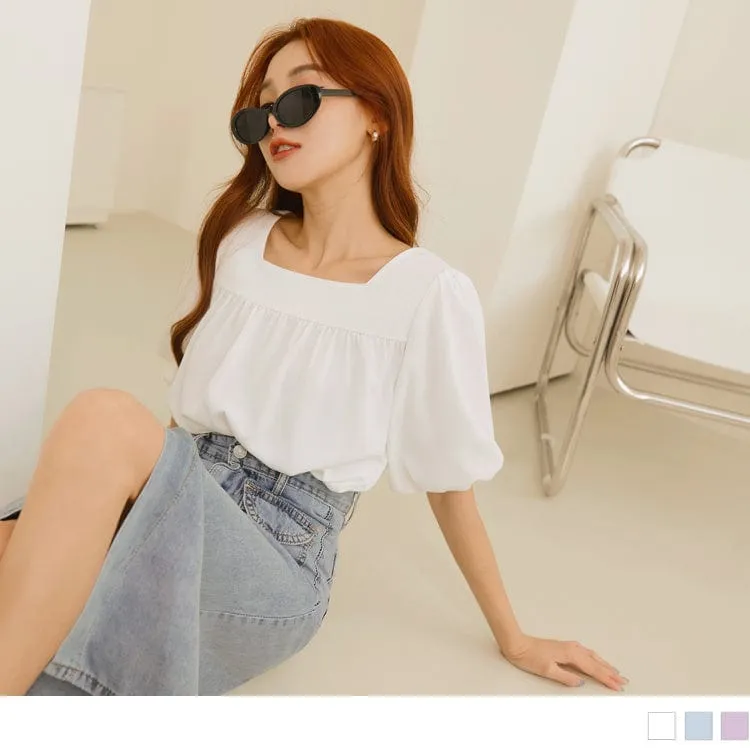 CASUAL SQUARE NECK SHORT SLEEVE PUFF SLEEVE TOPS