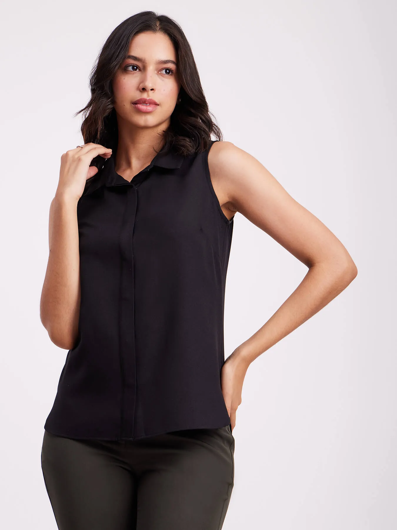 Concealed Placket Sleeveless Shirt - Black