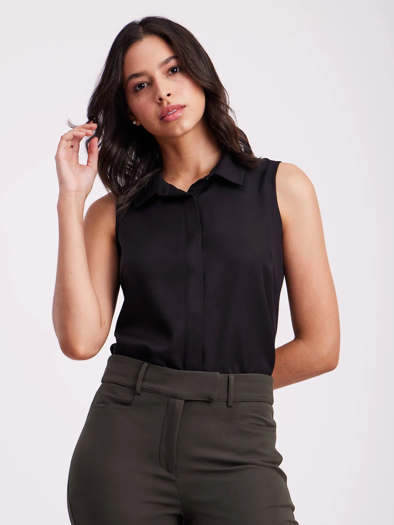 Concealed Placket Sleeveless Shirt - Black