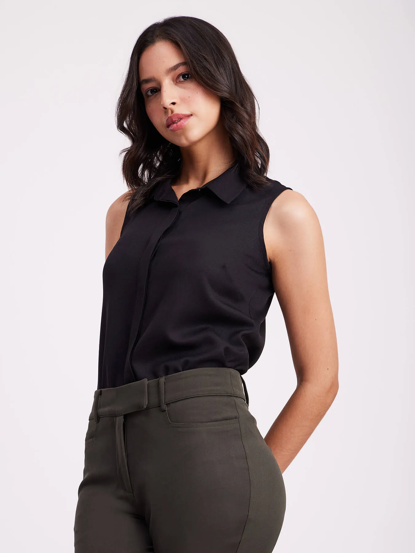 Concealed Placket Sleeveless Shirt - Black