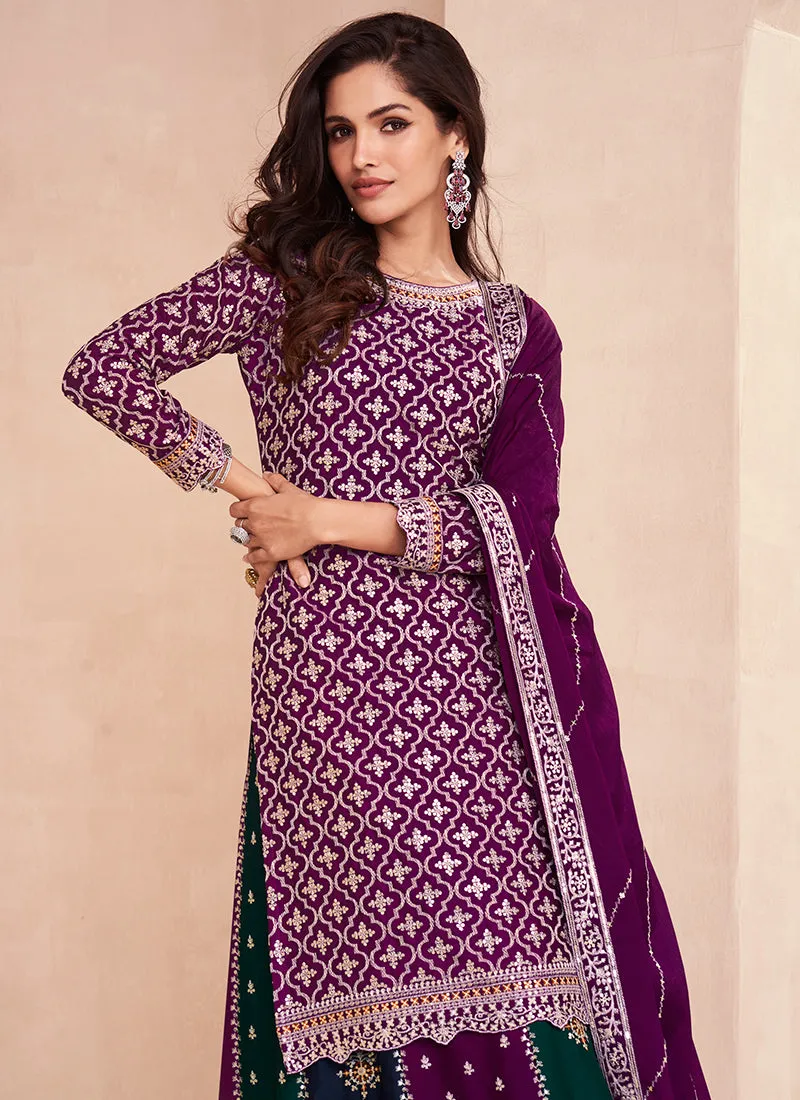 Deep Purple Multi Embroidery Wedding Lehenga Kurti