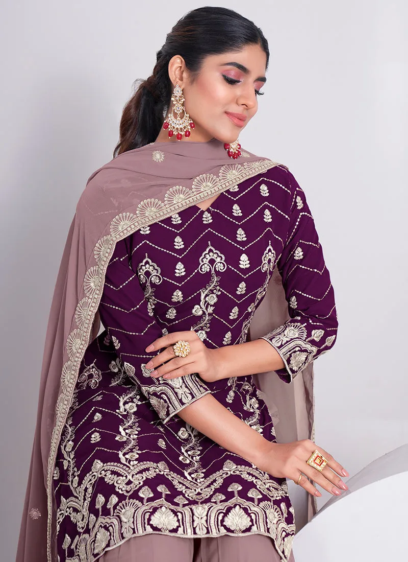 Deep Wine And Mauve Embroidery Festive Sharara Style Suit