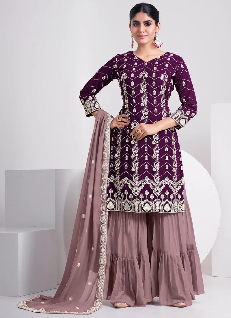 Deep Wine And Mauve Embroidery Festive Sharara Style Suit