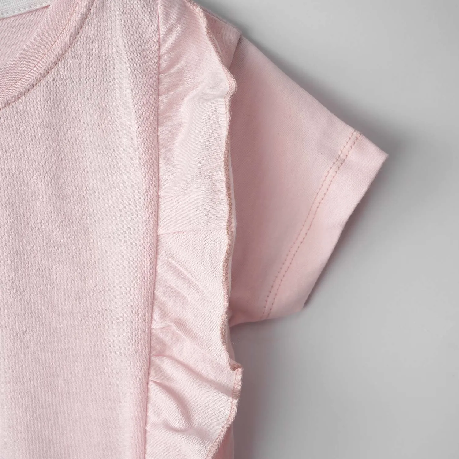 Girls Printed Soft Cotton Pink Frill Shoulder T-Shirt