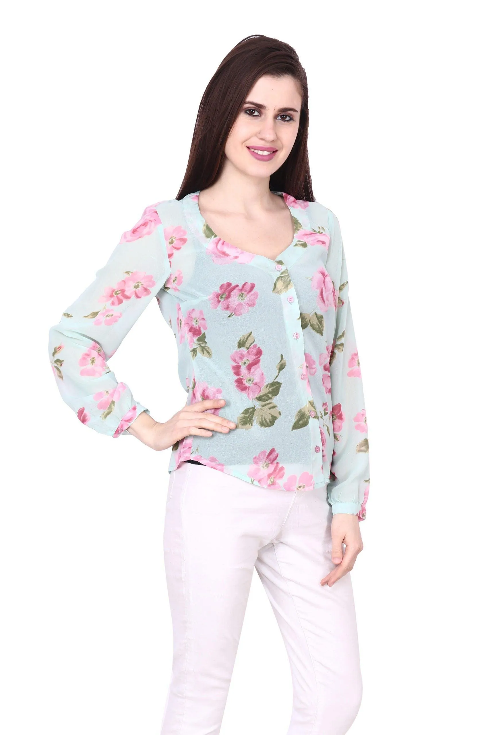 Green Floral Printed Woven Top