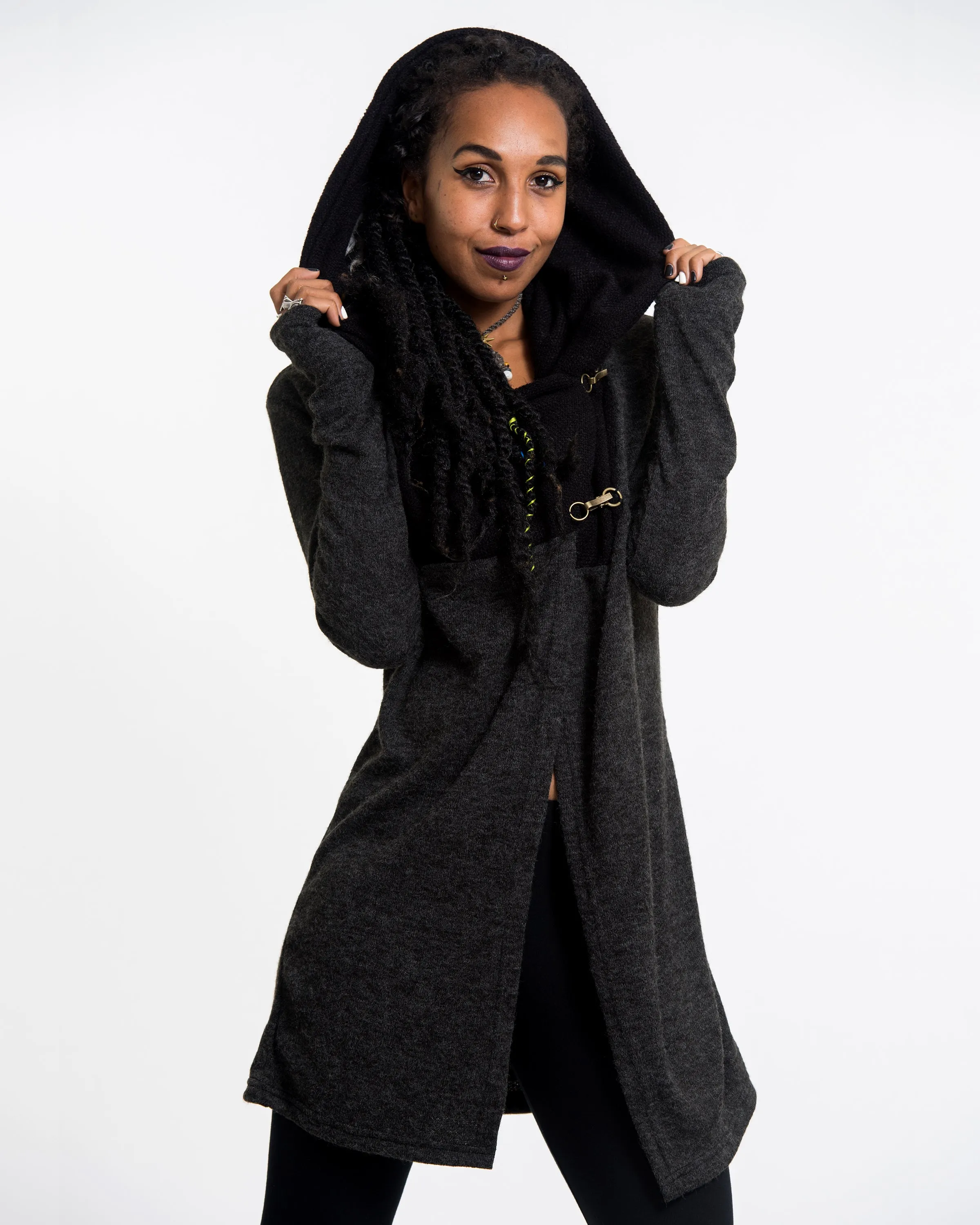 Hoodie Shawl Jacket with Metal Clasp in Black