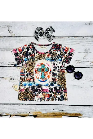 Leopard, cow, & serape print w/cross & sunflower short sleeve top