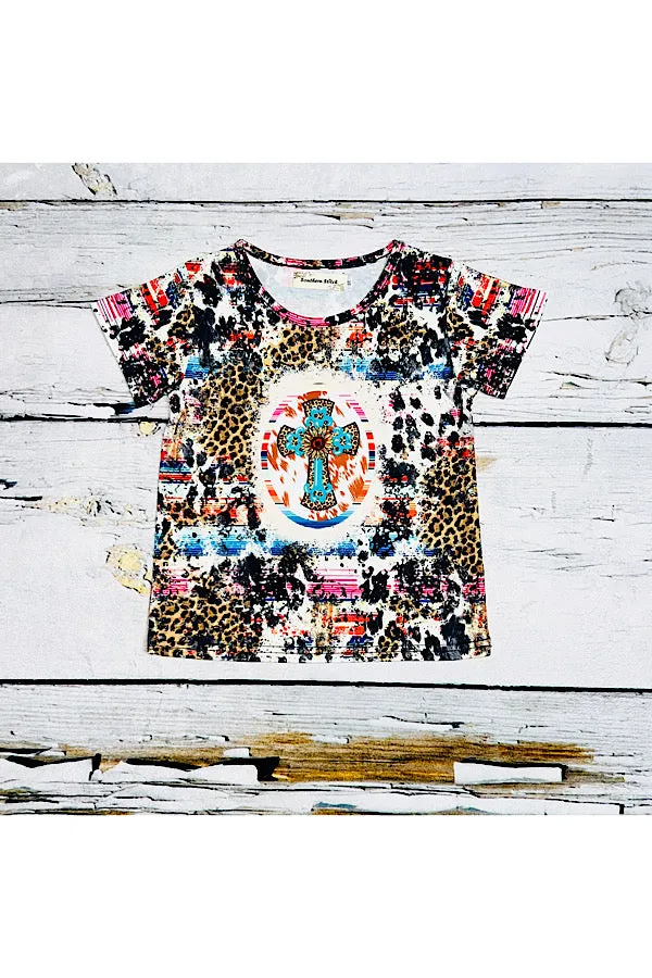 Leopard, cow, & serape print w/cross & sunflower short sleeve top