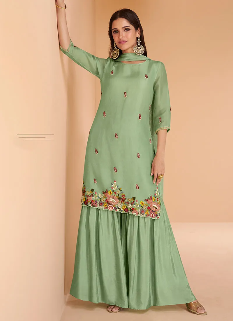 Light Green Multi Embroidery Festive Kurti And Gharara Suit