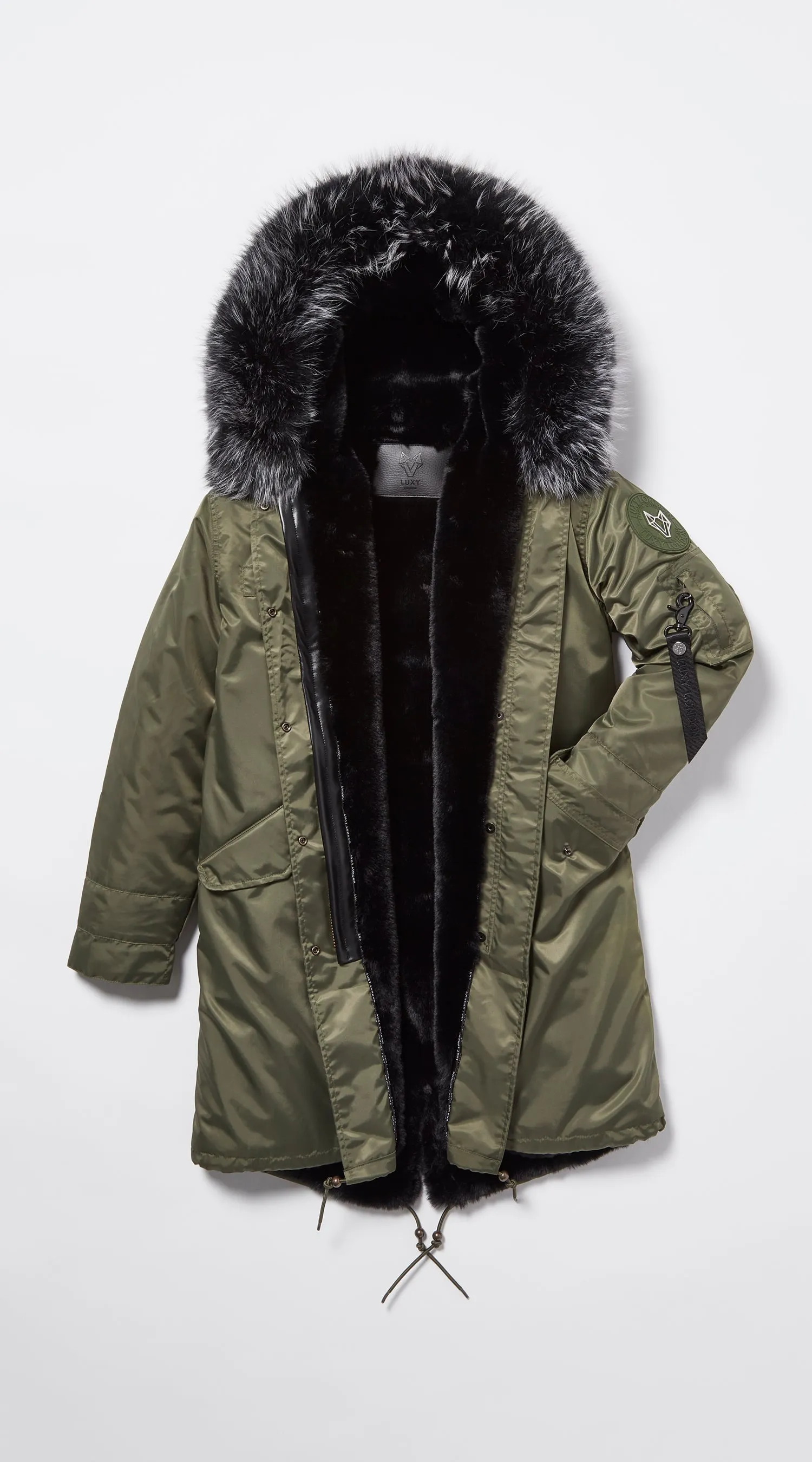 Mens Khaki Water-Repellent Luxy Fur Parka - 3/4 Black Mist