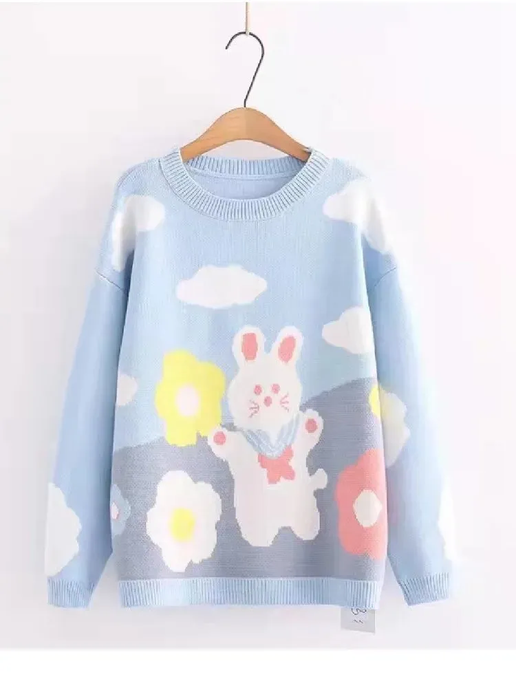 Metaversmall Blue Rabbit Cute Sweaters Women's Jumper Sweet Style Pullover Kawaii Sweater Long Sleeve Loose Knitted Pullovers