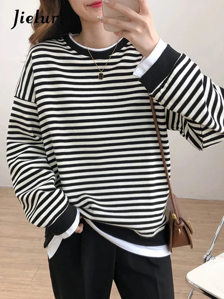 Metaversmall Loose Fake Two Piece Set Hoodies Ins Casual Chic Streetwear Pullovers Fashion Korean Striped Spell Color Women's Hoodies