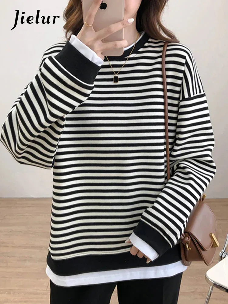 Metaversmall Loose Fake Two Piece Set Hoodies Ins Casual Chic Streetwear Pullovers Fashion Korean Striped Spell Color Women's Hoodies