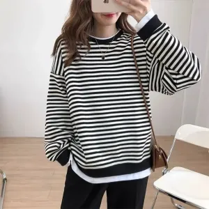 Metaversmall Loose Fake Two Piece Set Hoodies Ins Casual Chic Streetwear Pullovers Fashion Korean Striped Spell Color Women's Hoodies