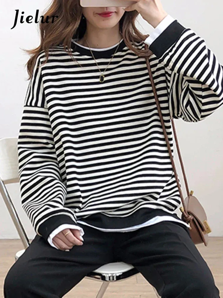 Metaversmall Loose Fake Two Piece Set Hoodies Ins Casual Chic Streetwear Pullovers Fashion Korean Striped Spell Color Women's Hoodies