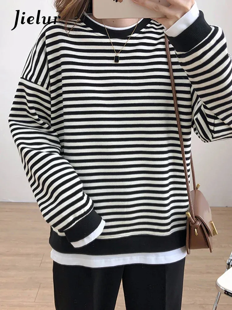 Metaversmall Loose Fake Two Piece Set Hoodies Ins Casual Chic Streetwear Pullovers Fashion Korean Striped Spell Color Women's Hoodies