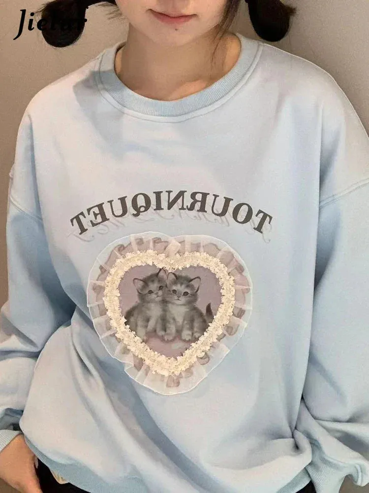 Metaversmall Solid Color Loose Simple Casual Female Hoodies Fashion Letter Printing Chic O-neck Pullovers Basic Women Hoodies Sky Blue