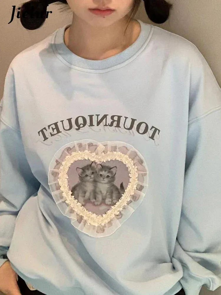 Metaversmall Solid Color Loose Simple Casual Female Hoodies Fashion Letter Printing Chic O-neck Pullovers Basic Women Hoodies Sky Blue