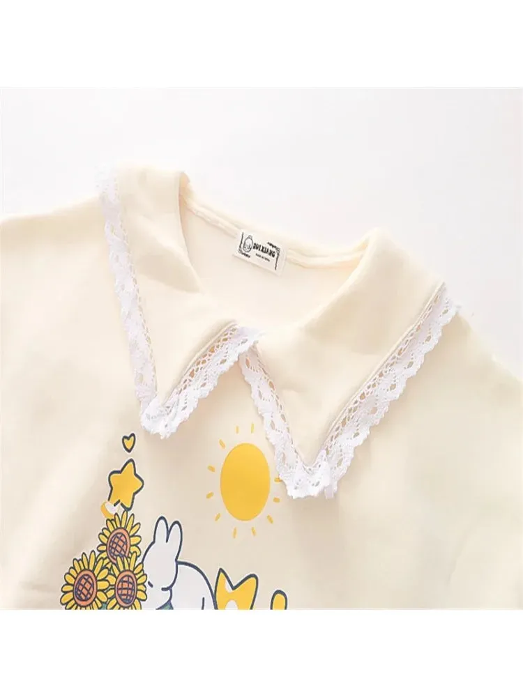 Metaversmall Sweet Style Kawaii Cute Women Sweatshirts Cartoon Rabbit Print Lace Patchwork Pullovers Winter Ladies Cotton Sudadera Tops