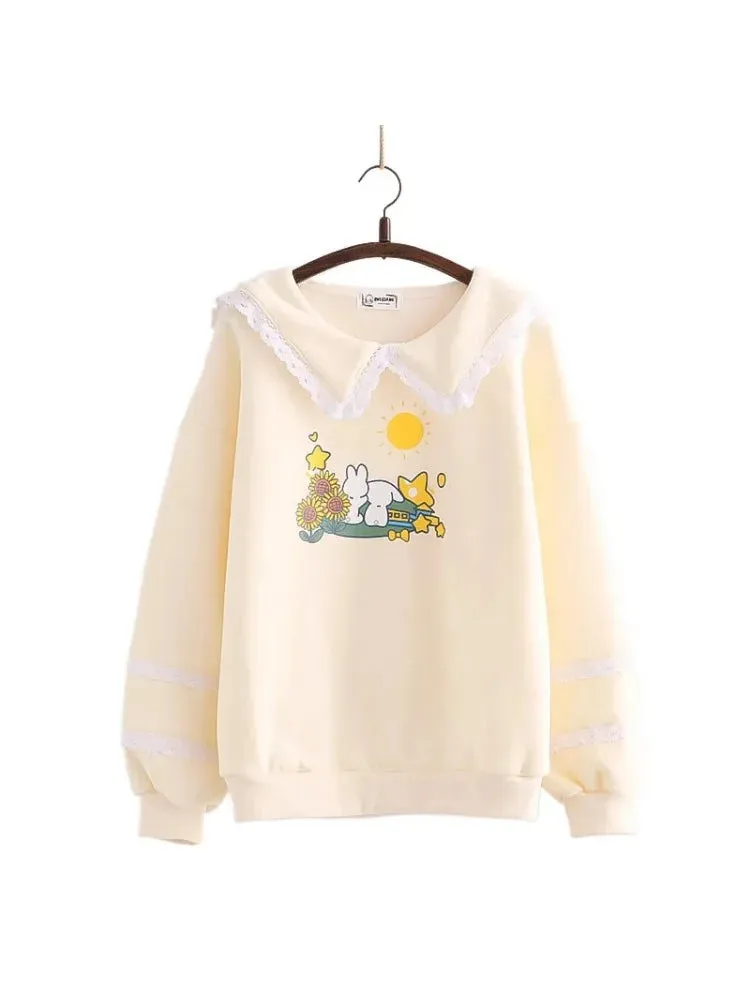 Metaversmall Sweet Style Kawaii Cute Women Sweatshirts Cartoon Rabbit Print Lace Patchwork Pullovers Winter Ladies Cotton Sudadera Tops