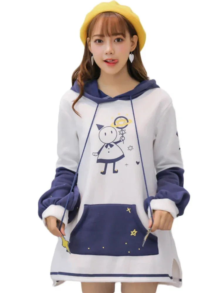 Metaversmall Women Hoodies Sweatshirts Cartoon Snowman Sweet White Long Hoodie Hooded Sweatshirt Dress Cute Female Pullovers