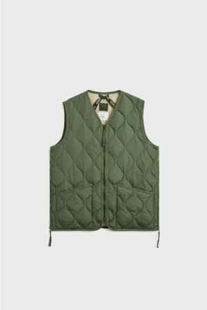 Military Zip V Neck Down Vest - Olive