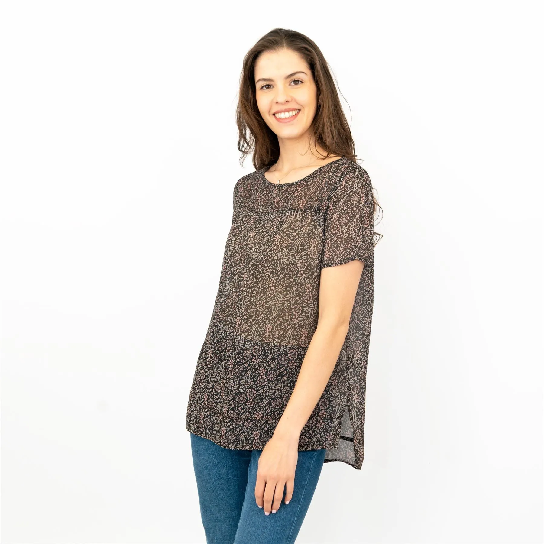 Next Floral Print Black Short Sleeve Blouse Lightweight Tops