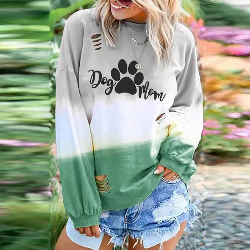 Oversized Hoodie Gradient Tie-dye Dog Mom Letter Pullover Sweatshirt Women Autumn Warm Long Slevee