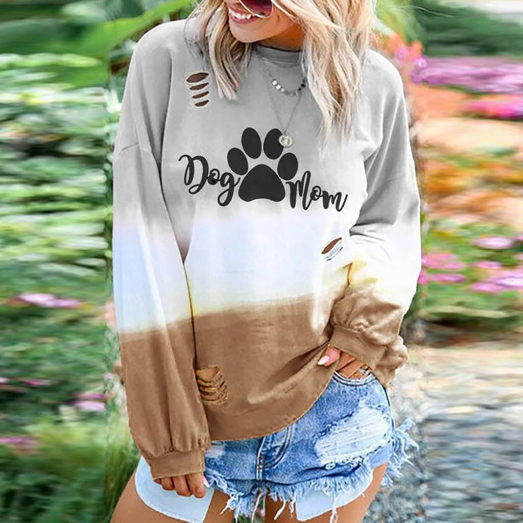 Oversized Hoodie Gradient Tie-dye Dog Mom Letter Pullover Sweatshirt Women Autumn Warm Long Slevee