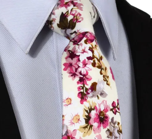 Pale Yellow, Pink Cotton Floral Tie