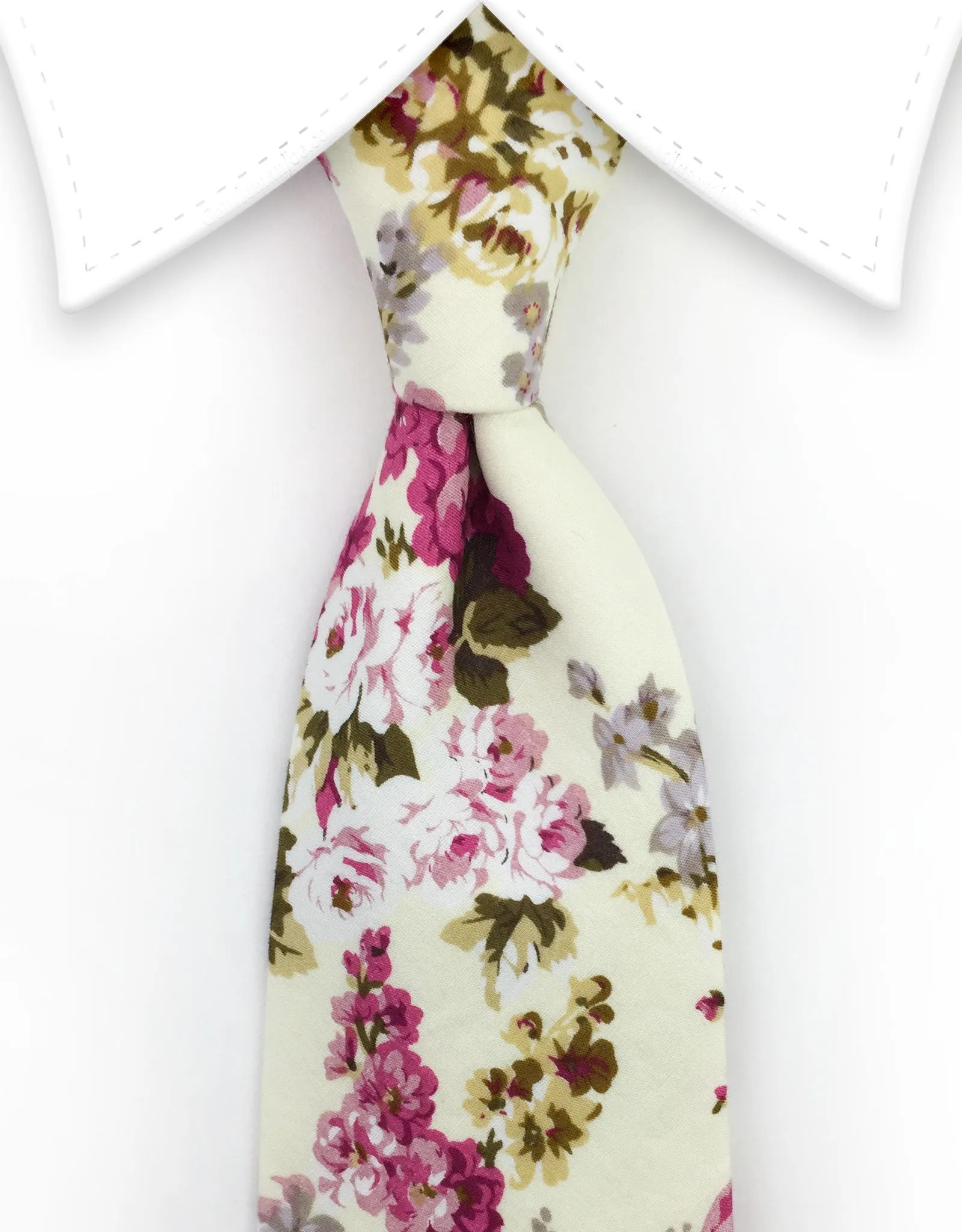 Pale Yellow, Pink Cotton Floral Tie