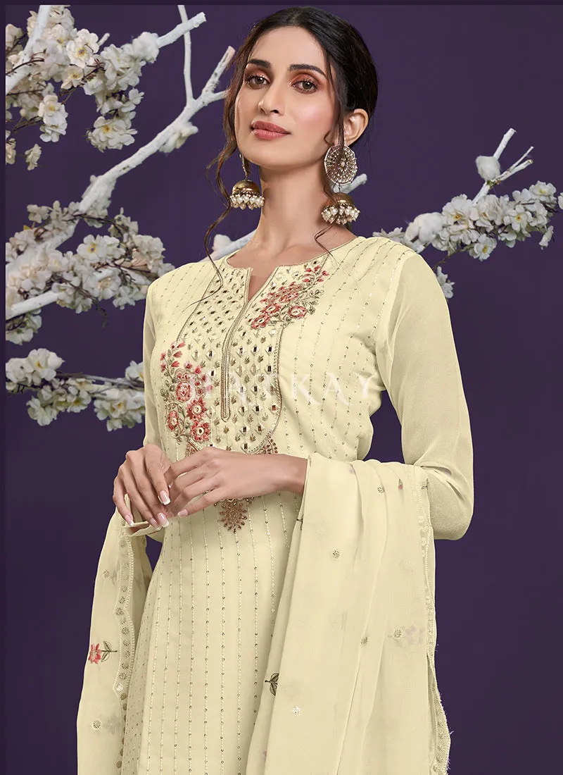 Pastel Yellow Multi Embroidered Designer Palazzo Suit