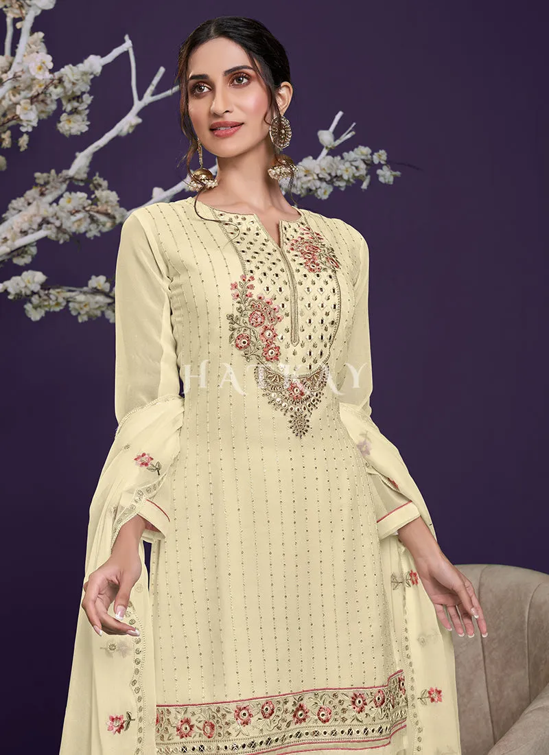 Pastel Yellow Multi Embroidered Designer Palazzo Suit