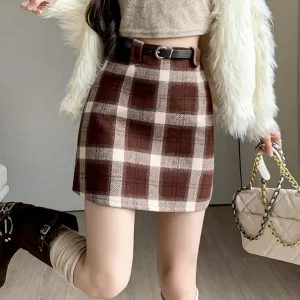 Plaid Woolen High-Waist Versatile Short A-Line Skirt