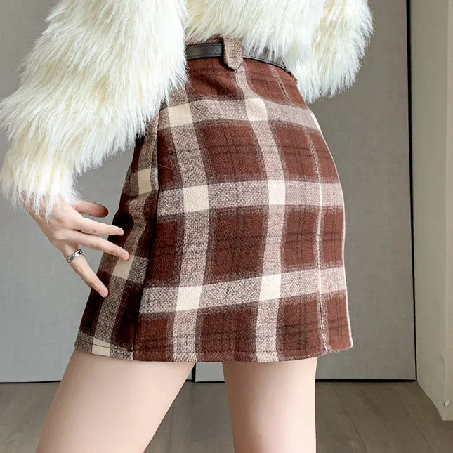 Plaid Woolen High-Waist Versatile Short A-Line Skirt