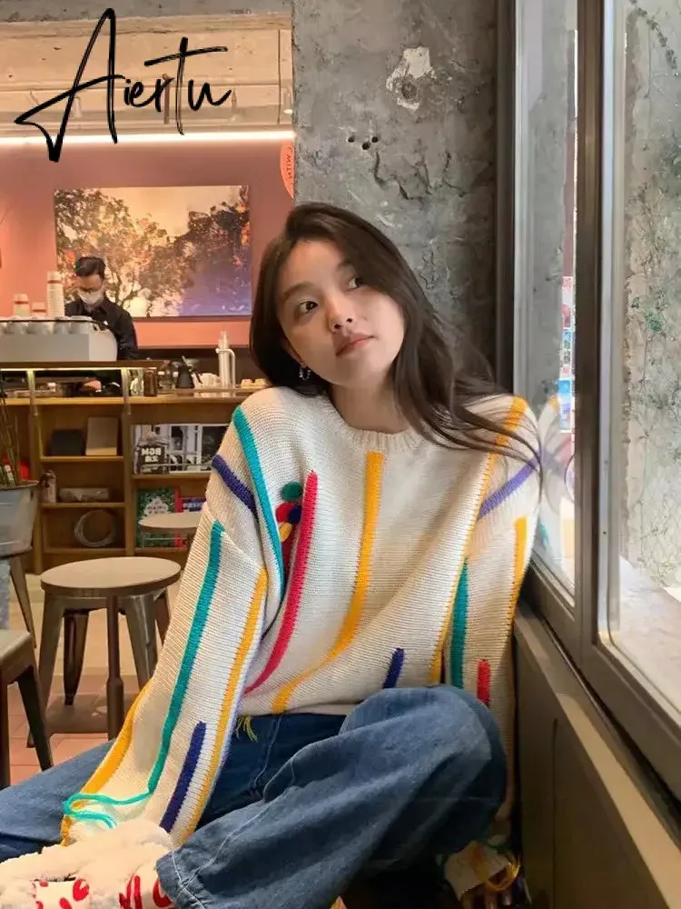 Rainbow Striped Sweater Women Pullovers Fall Winter New O Neck Long Sleeve Knit Tops Korean Chic Warm Tassel Jumpers