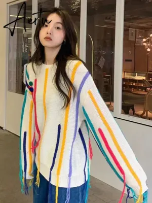 Rainbow Striped Sweater Women Pullovers Fall Winter New O Neck Long Sleeve Knit Tops Korean Chic Warm Tassel Jumpers