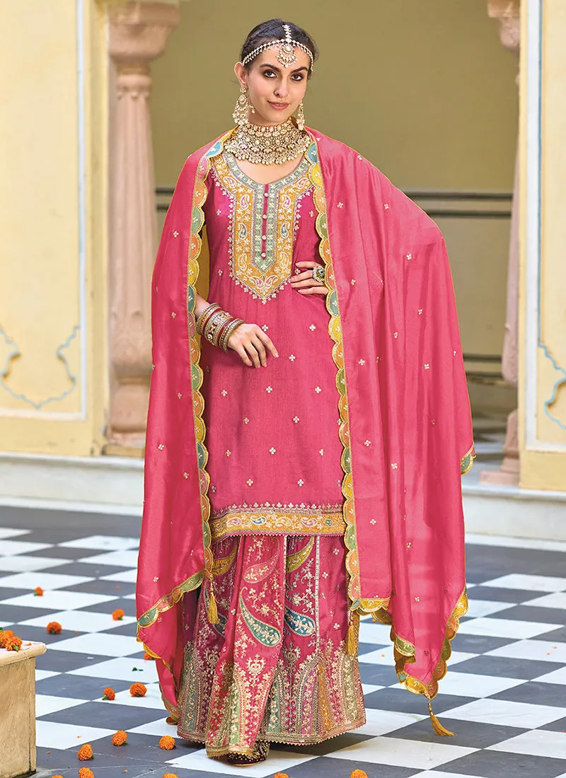 Rani Pink Multi Embroidery Festive Lehenga Kurti